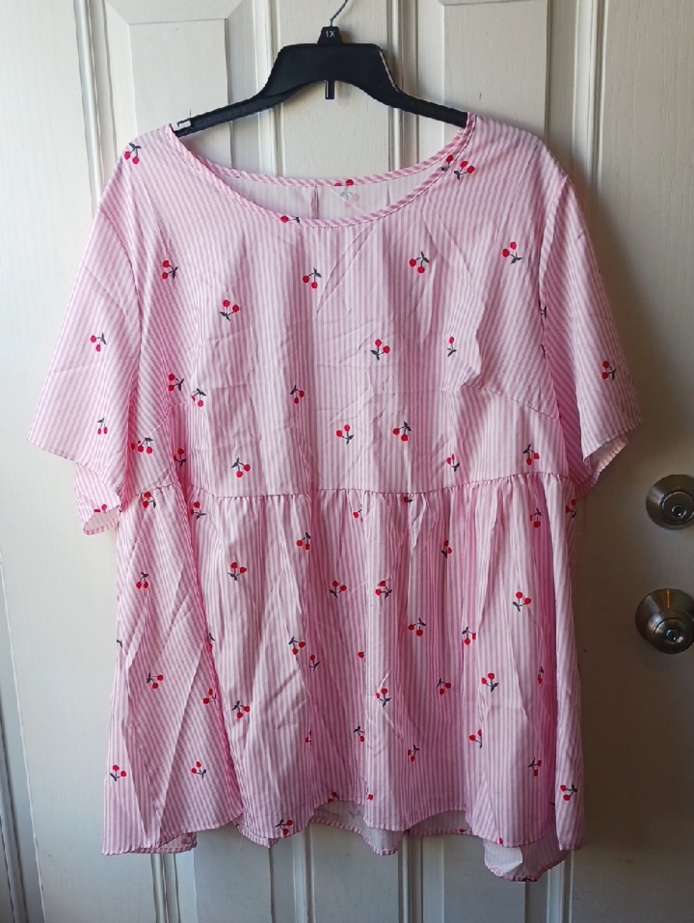 **** 7X Extended Plus SHEIN Womens  Pink Striped Cherry Print Peplum Top 7X